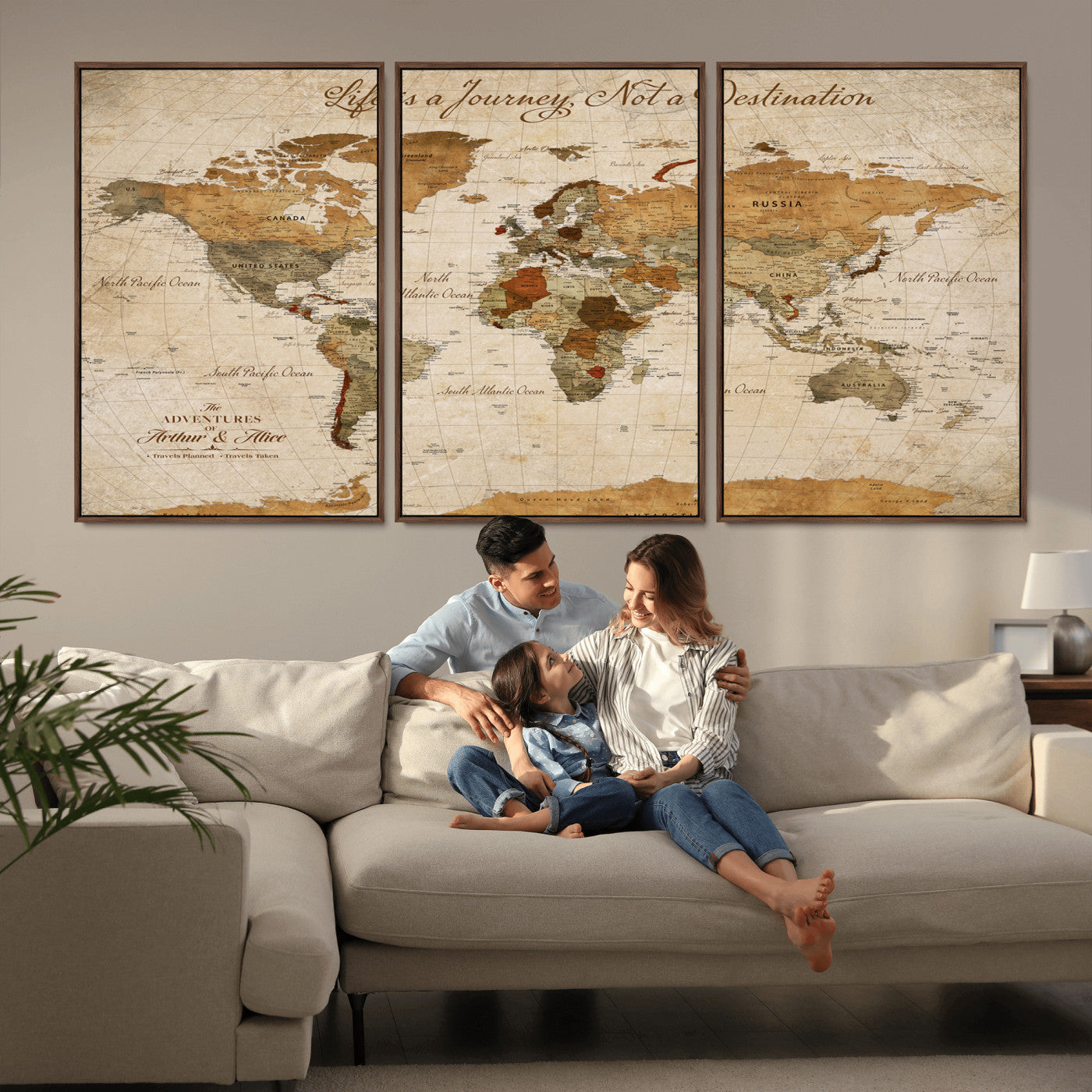 Rehber01-MGV-CV-36X24-Personalized Vintage World Map Canvas – Custom Framed Push Pin Travel Map Wall Art, Rustic Gift for Couples and Travel Lovers