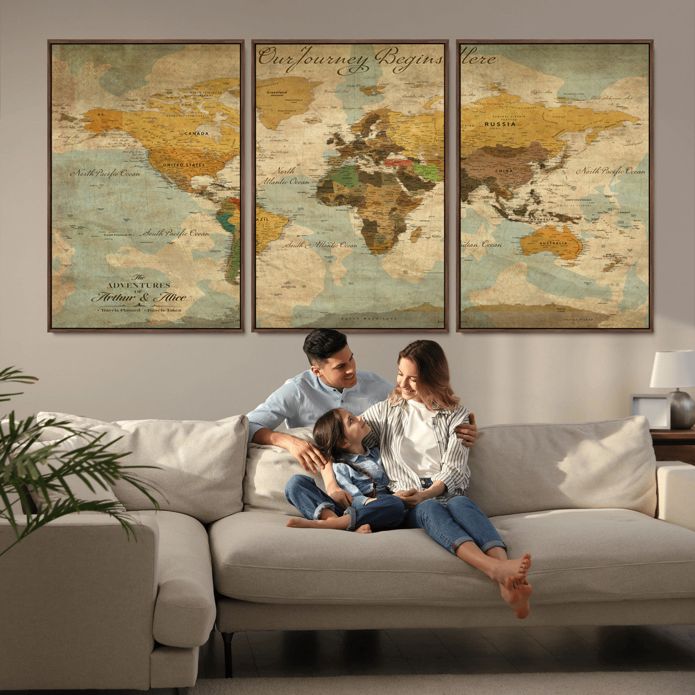 40572820-MGV-FC-60X30-3P_Walnut-Personalized World Map Canvas – Custom Framed Push Pin Travel Map Wall Art, Vintage Style Gift for Couples