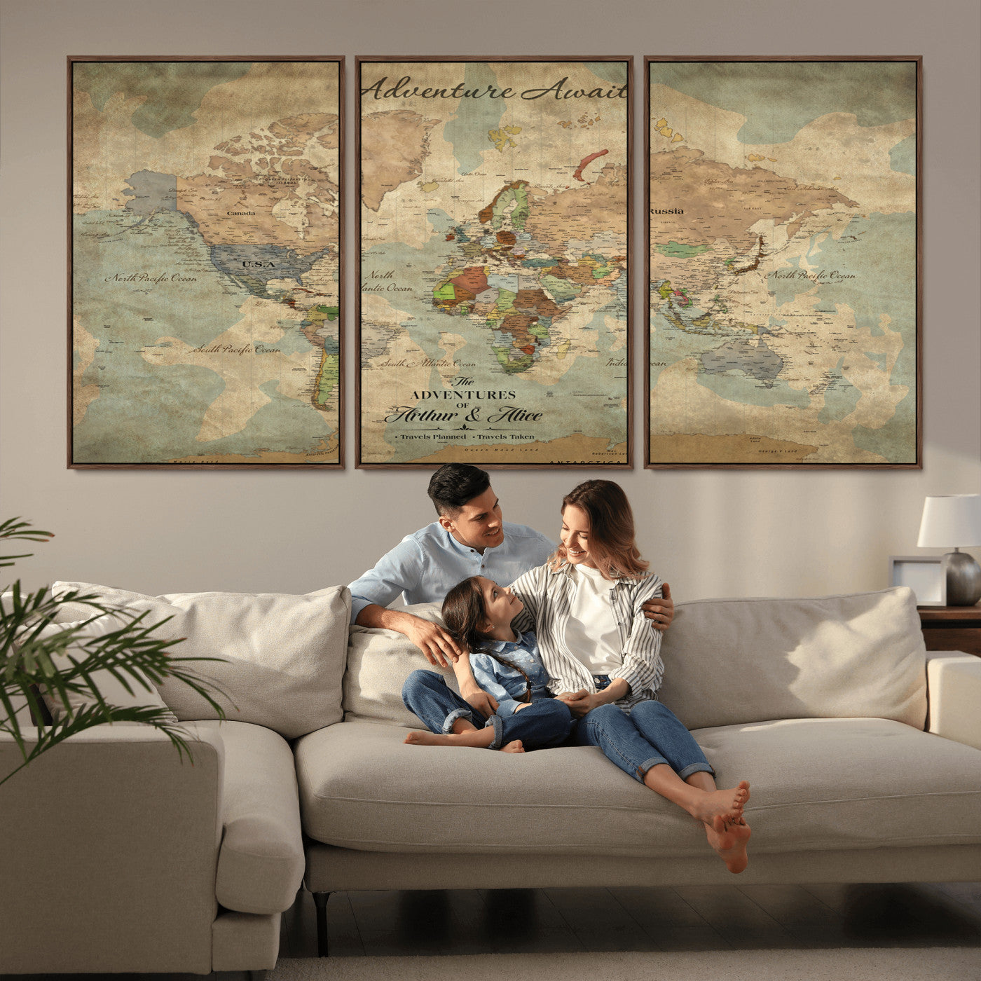 Rehber01-MGV-CV-36X24-Personalized Vintage World Map Canvas Print – Custom Push Pin Travel Map Antique Style Gift for Couples Travelers for Home Office