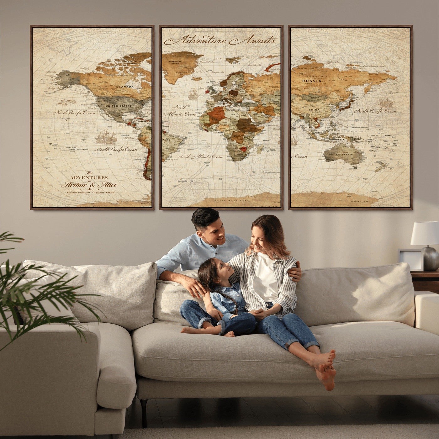 Rehber01-MGV-CV-36X24-Customizable Framed World Map Canvas Print – Personalized Push Pin Travel Map Gift for Couples Explorers for Home, Office