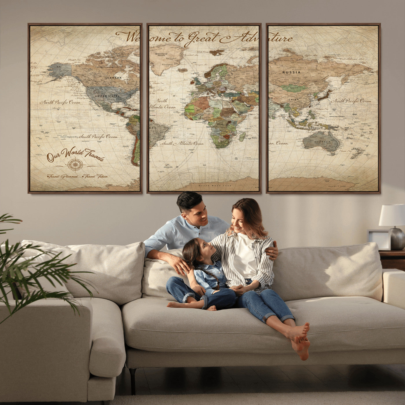 -Personalized Antique World Map Canvas Print – Custom Push Pin Travel Tracker Vintage Adventure Gift for Couples for Home, Office