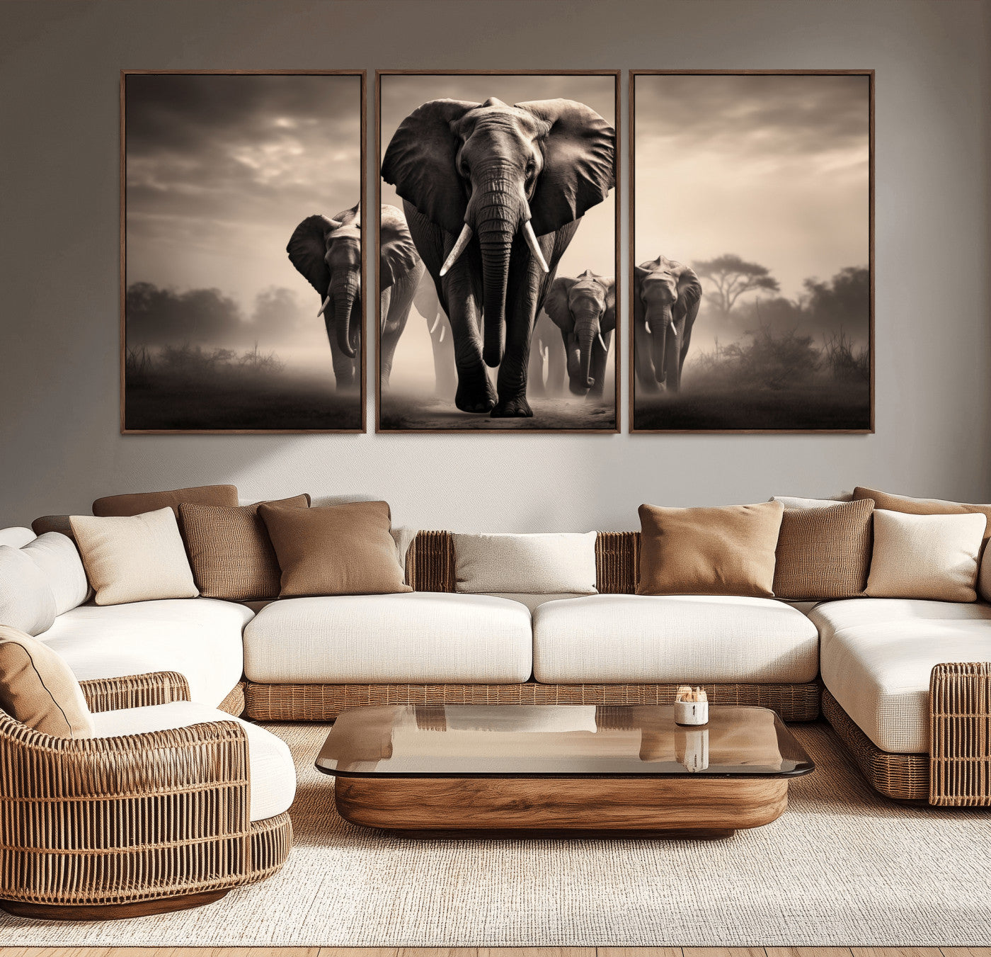-Elephant Family Wall Art Canvas Print, Framed Elephant Wall Art Home Decor