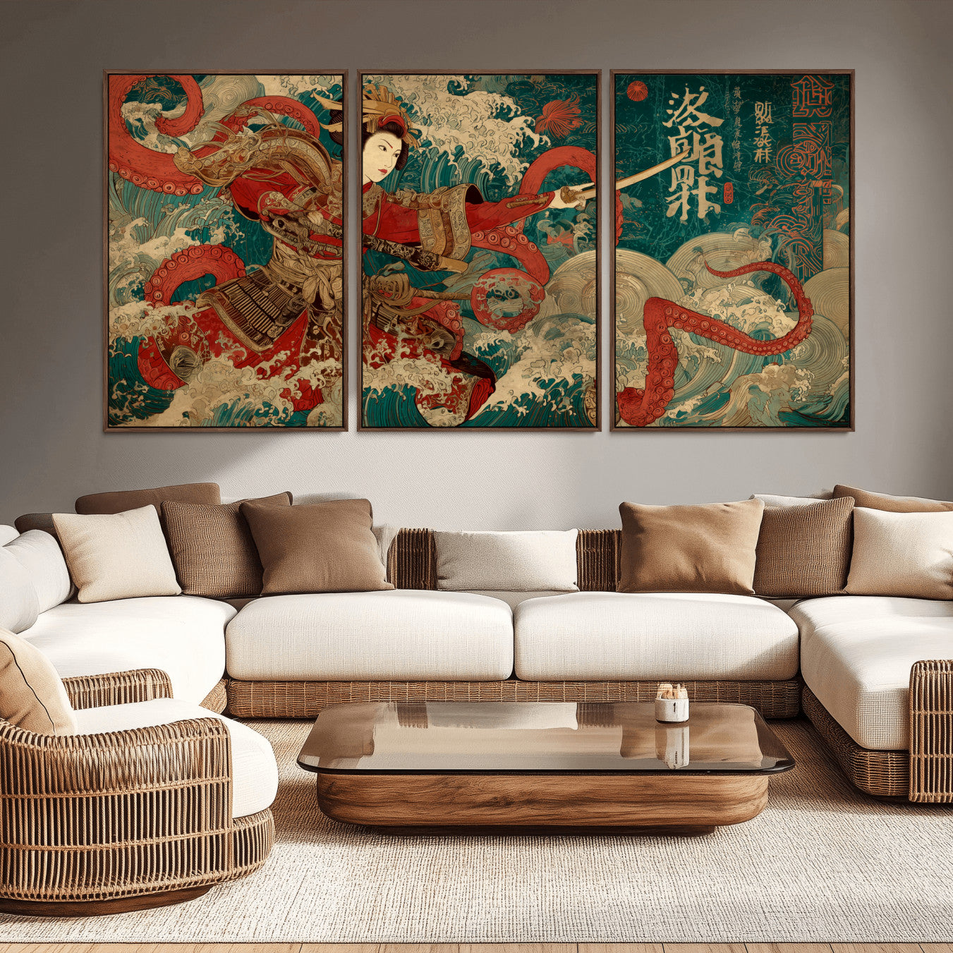 48430396-MGV-CV-36X24-Tsukioka Yoshitoshi Samurai Wall Art – Japanese Katana Warrior Canvas Print, Octopus Sea Monster Artwork for Home, Office