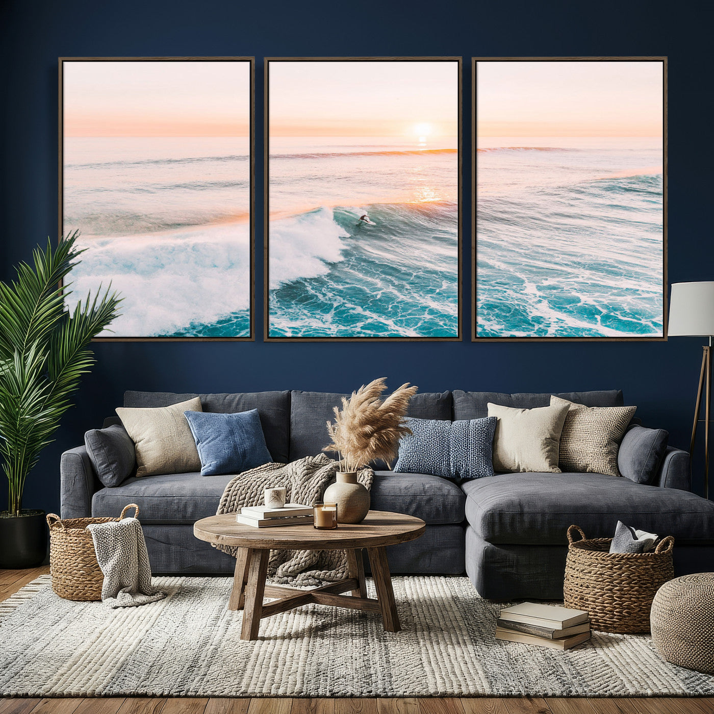 34064591-MGV-CV-36X24 - Sunset Surfing Wall Art Canvas Print, Ocean Wave Surfer with Golden Sky Artwork for Home, Office, Living Room