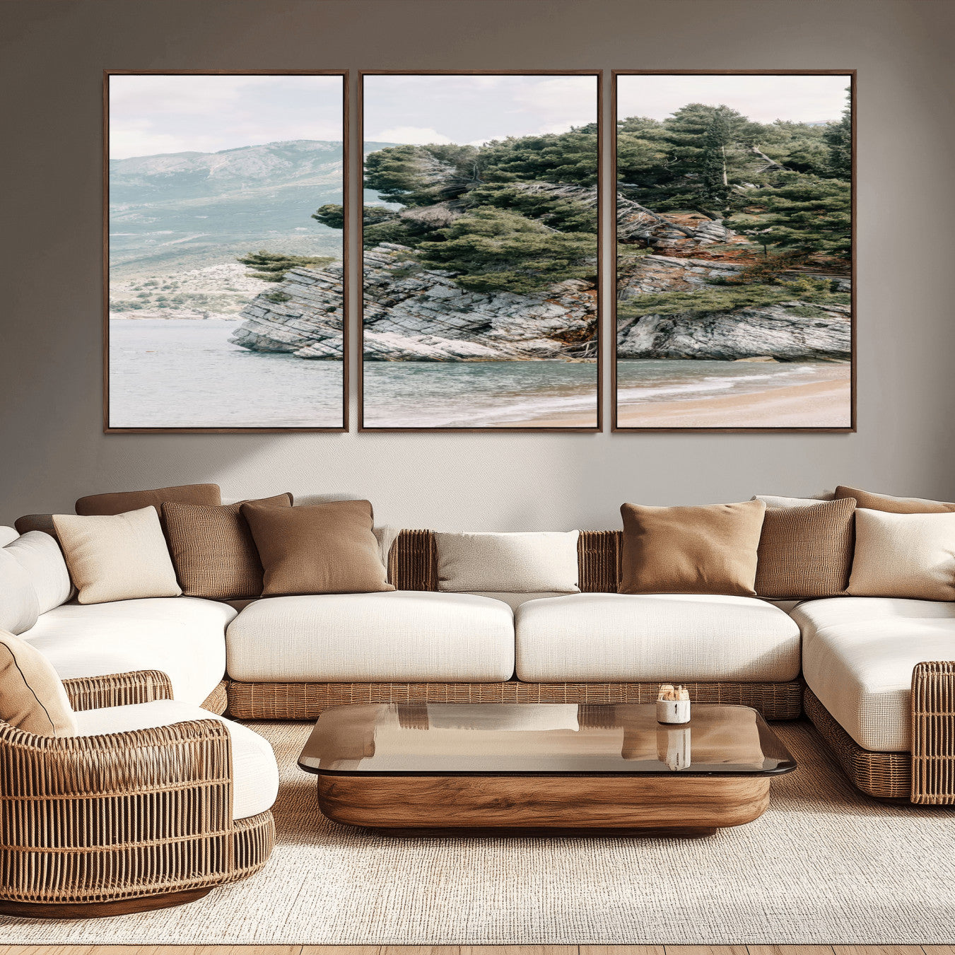 MGV-FC-60X30-3P - Coastal Rock Canvas Wall Art Print, Scenic Beach Landscape, Pine Trees on Rocky Cliff, Large Nature