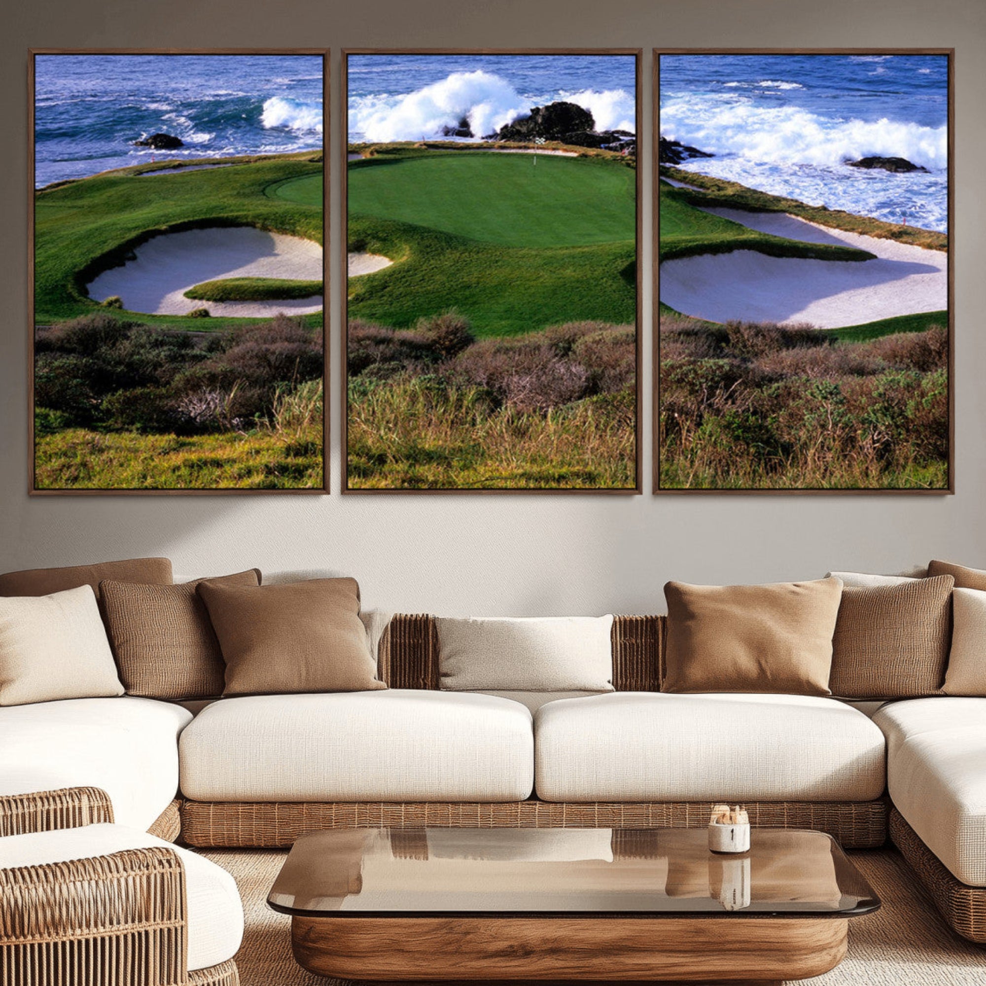 22776914-MGV-CV-36X24-Ocean Cliff Golf Green Canvas Print – Framed Majestic Coastal Scene with Lush Green Artwork for Home, Office