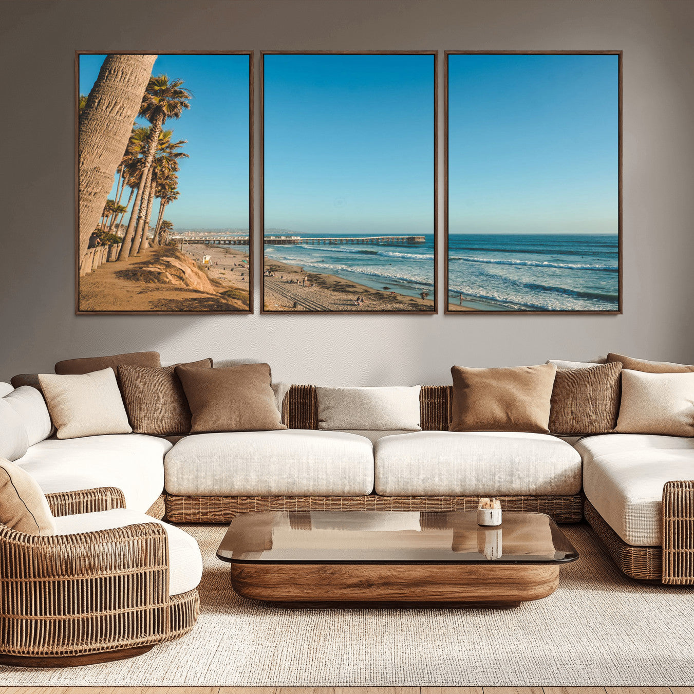92568259-MGV-CV-36X24-Scenic Beach Wall Art Canvas Print – Tall Palm Trees, Sandy Shore, Long Pier Stretching into Calm Ocean Artwork for Home, Office