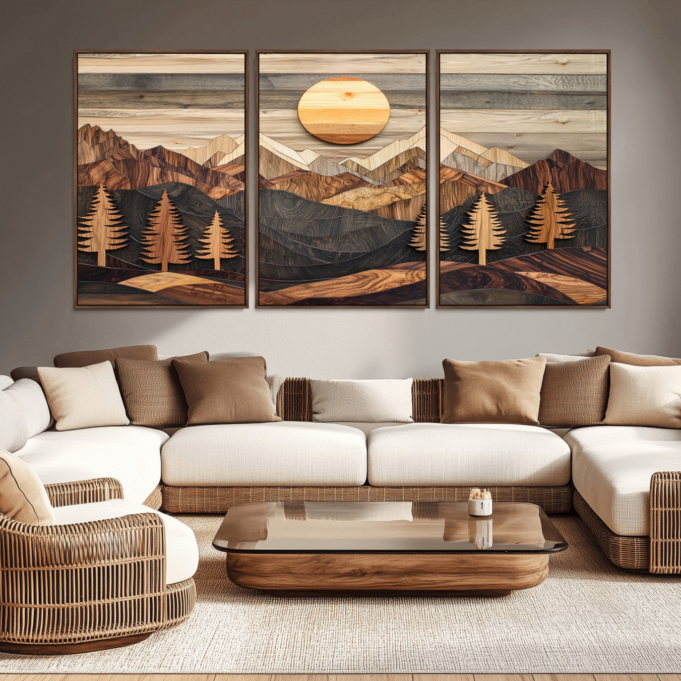 MGV-FC-60X30-3P - Wooden Mountain Layers Canvas Wall Art – Rustic Pine Tree Landscape with Sunlight Artistic Nature