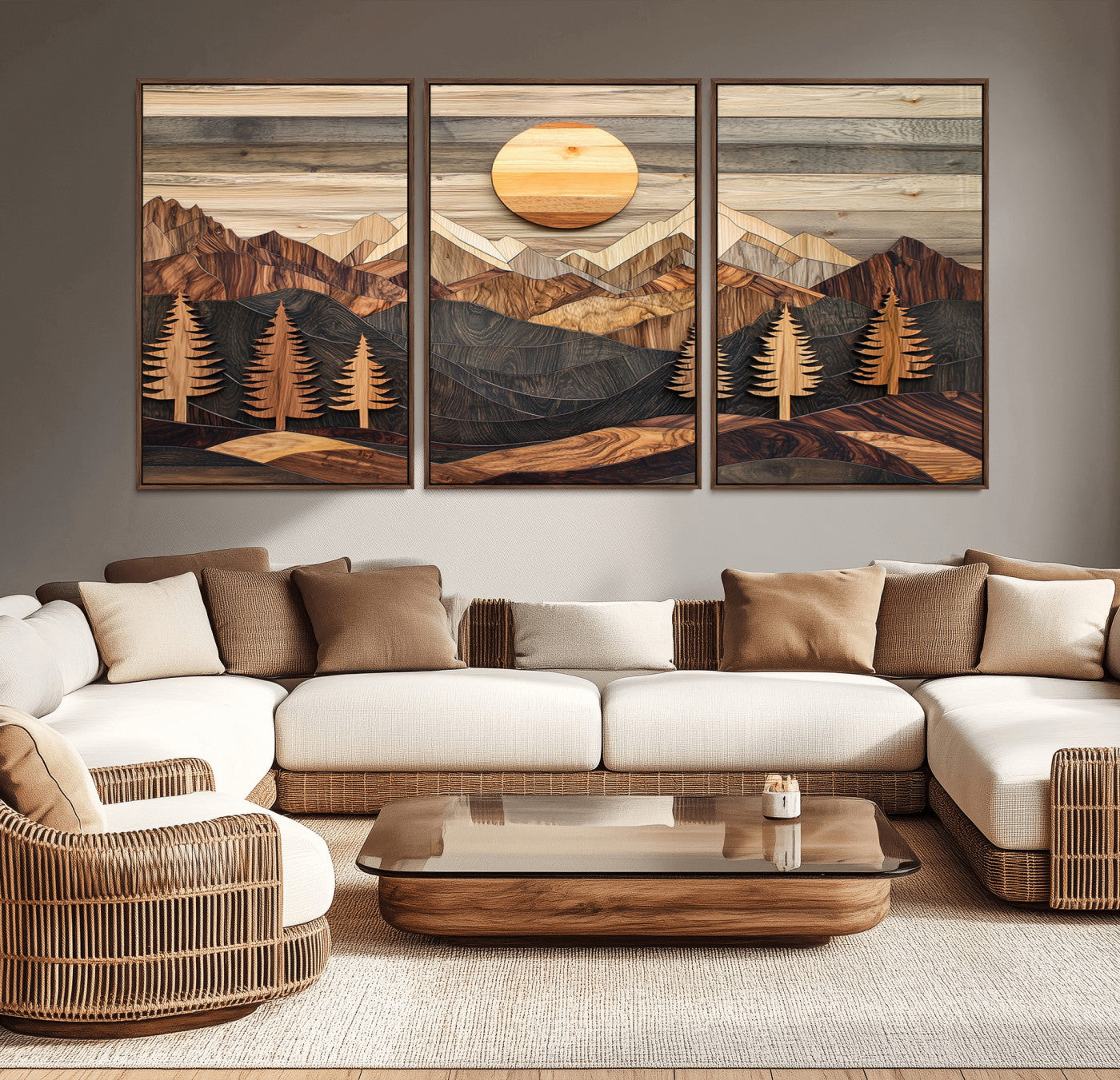 MGV-FC-60X30-3P - Wooden Mountain Layers Canvas Wall Art – Rustic Pine Tree Landscape with Sunlight Artistic Nature
