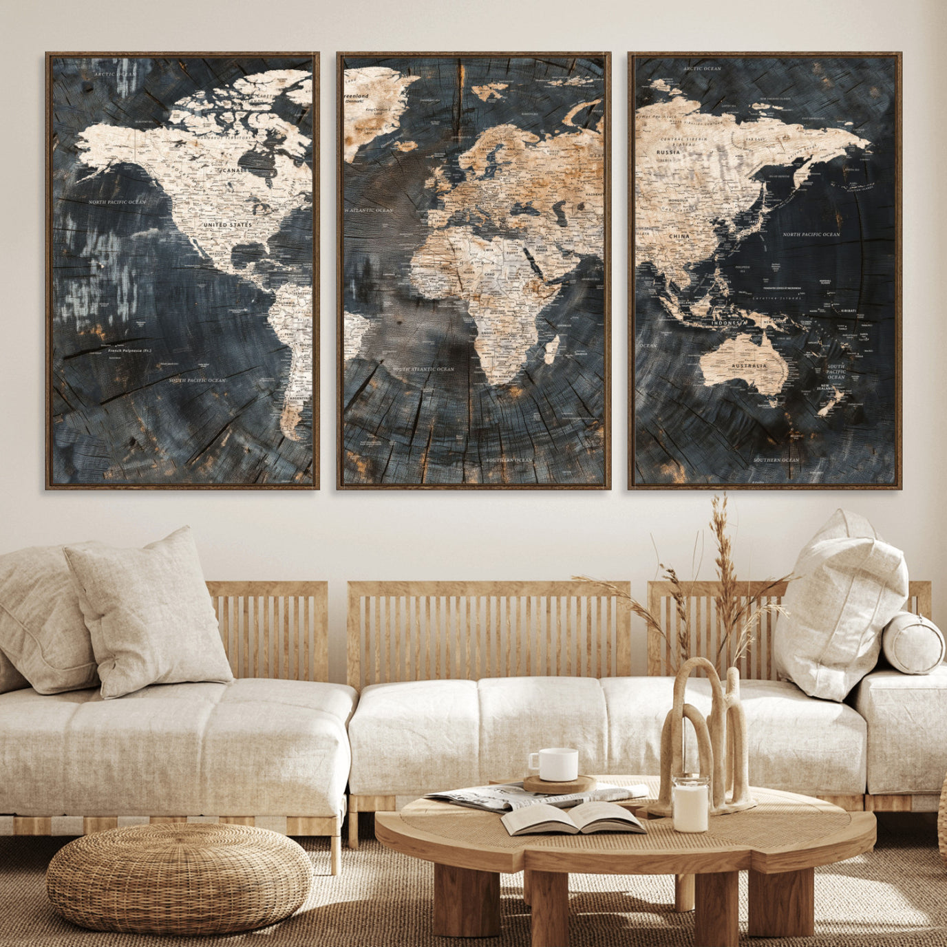 57626704-MGV-FC-60X30-3P - World Map Wall Art Canvas Print, Modern Decorative Framed Map Artwork Prints for Living Room, Office, Bedroom Wall Decor