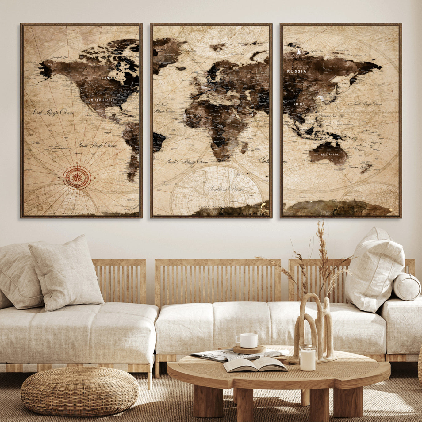 97114757-MGV-FC-60X30-3P - World Map Wall Art Canvas Print, Modern Decorative Framed Map Artwork Prints for Living Room, Office, Bedroom Wall Decor