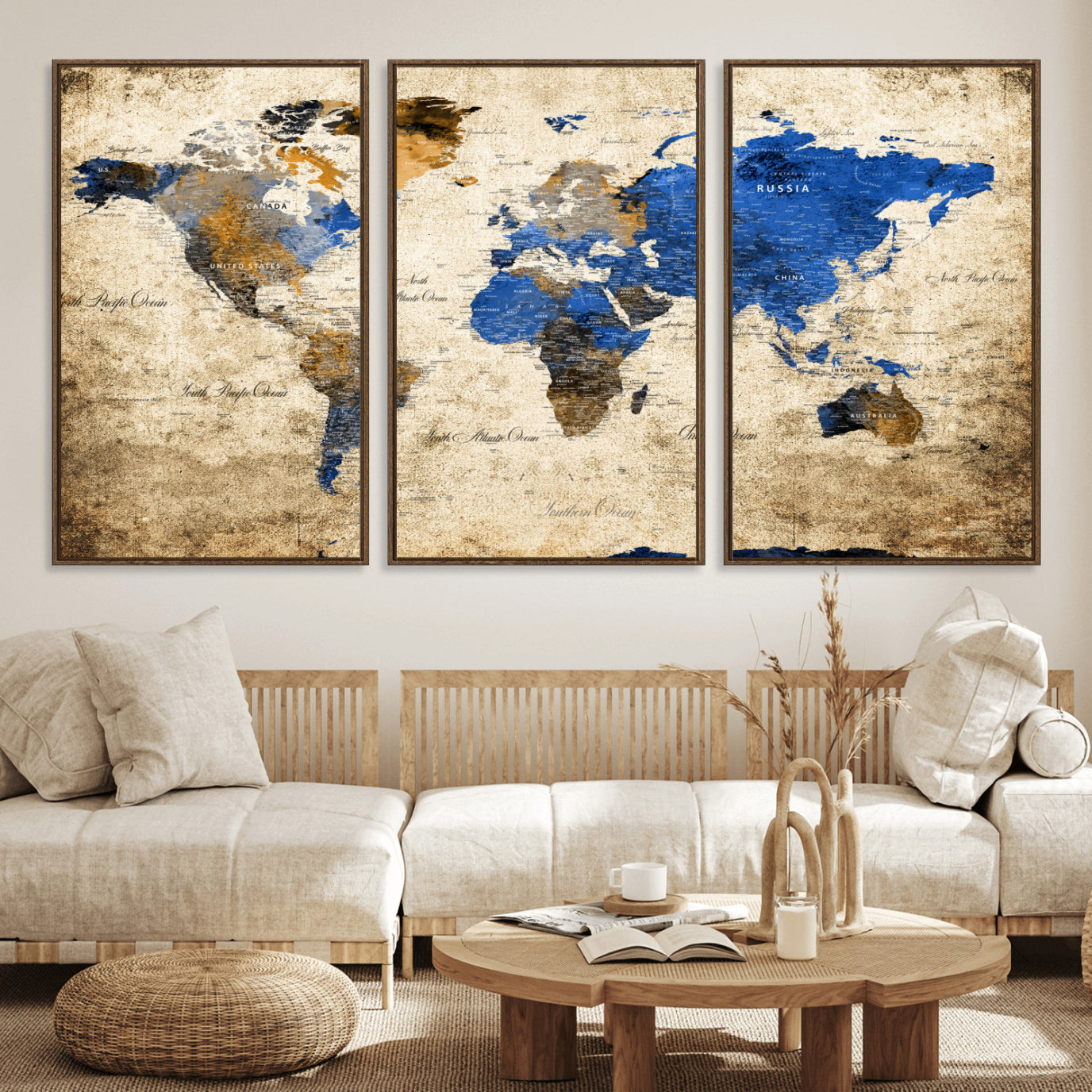 13564339-MGV-FC-60X30-3P - World Map Wall Art Canvas Print, Modern Decorative Framed Map Artwork Prints for Living Room, Office, Bedroom Wall Decor