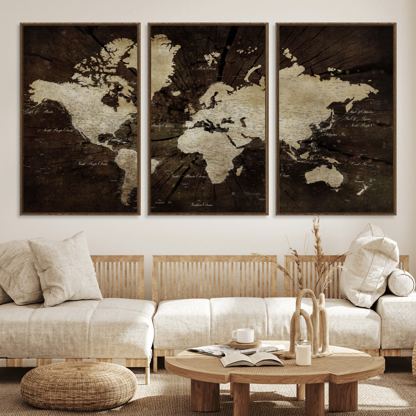 24010397-MGV-FC-60X30-3P - World Map Wall Art Canvas Print, Modern Decorative Framed Map Artwork Prints for Living Room, Office, Bedroom Wall Decor