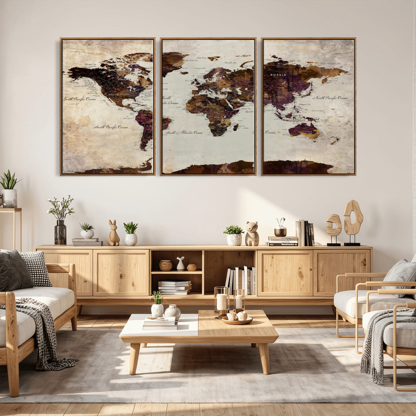 50611123-MGV-CV-36X24 - World Map Canvas Triptych – Colorful Global Wall Art for Living Rooms, Offices, and Study Spaces