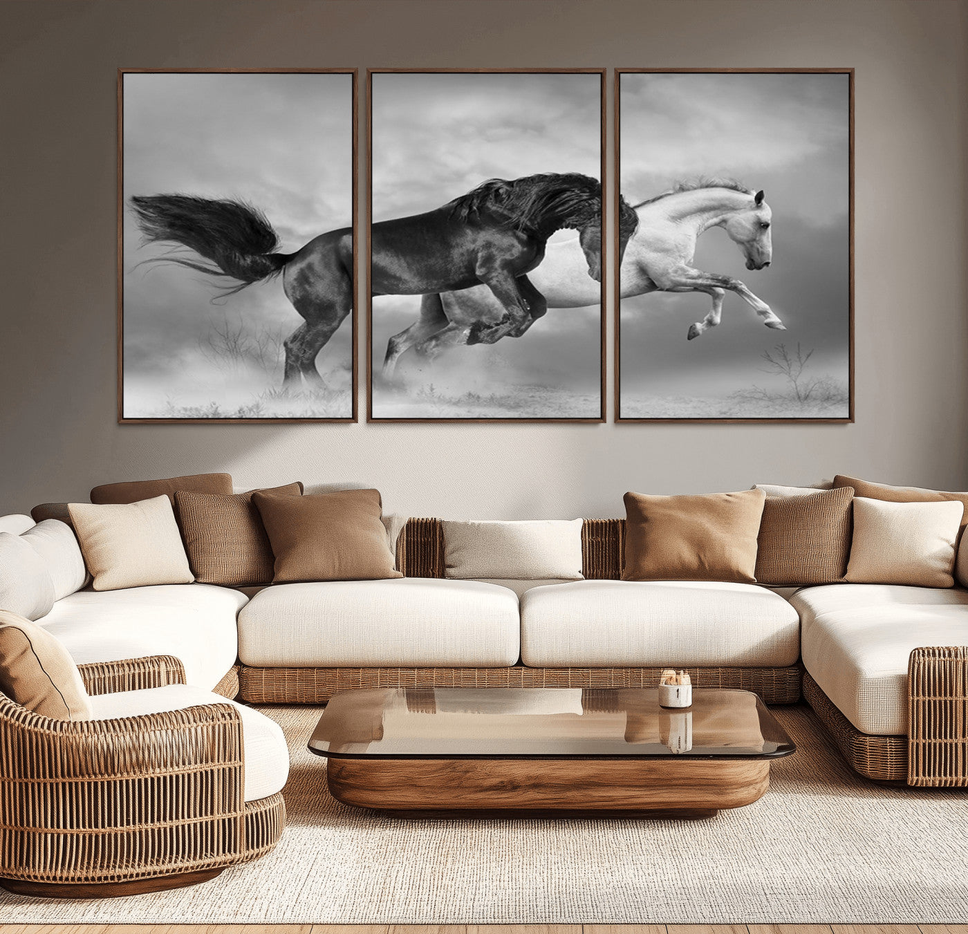 -Wild Horses Wall Art Canvas Print – Framed Black and White Galloping Horses Dynamic Animal Artwork for Home, Office