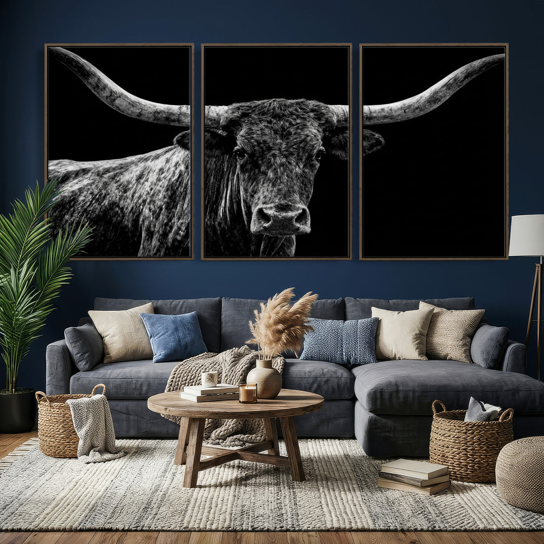 Vintage Texas Longhorn Bull Wall Art Canvas Print, Texas Cow Portrait