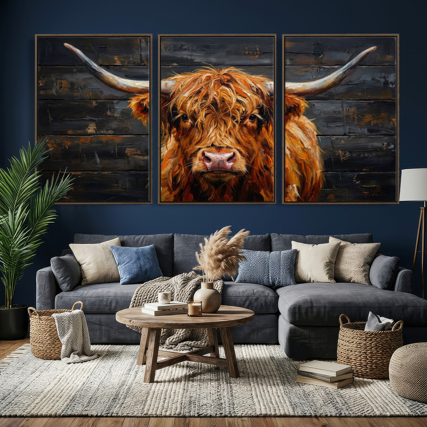 32536611-MGV-CV-36X24 - Highland Cow Wall Art Canvas Print, Rustic Farm Animal Painting, Framed Wall Art Ready to Hang