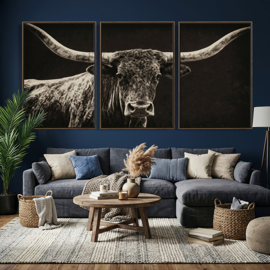 Vintage Texas Longhorn Bull Wall Art Canvas Print, Cow Portrait, Framed and Ready to Hang