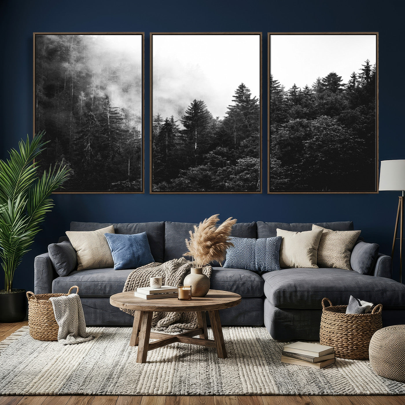 98764151-MGV-CV-36X24 - Black and White Forest Wall Art Canvas Print, Misty Pine Tree Landscape Photography, Framed Wall Art Ready to Hang