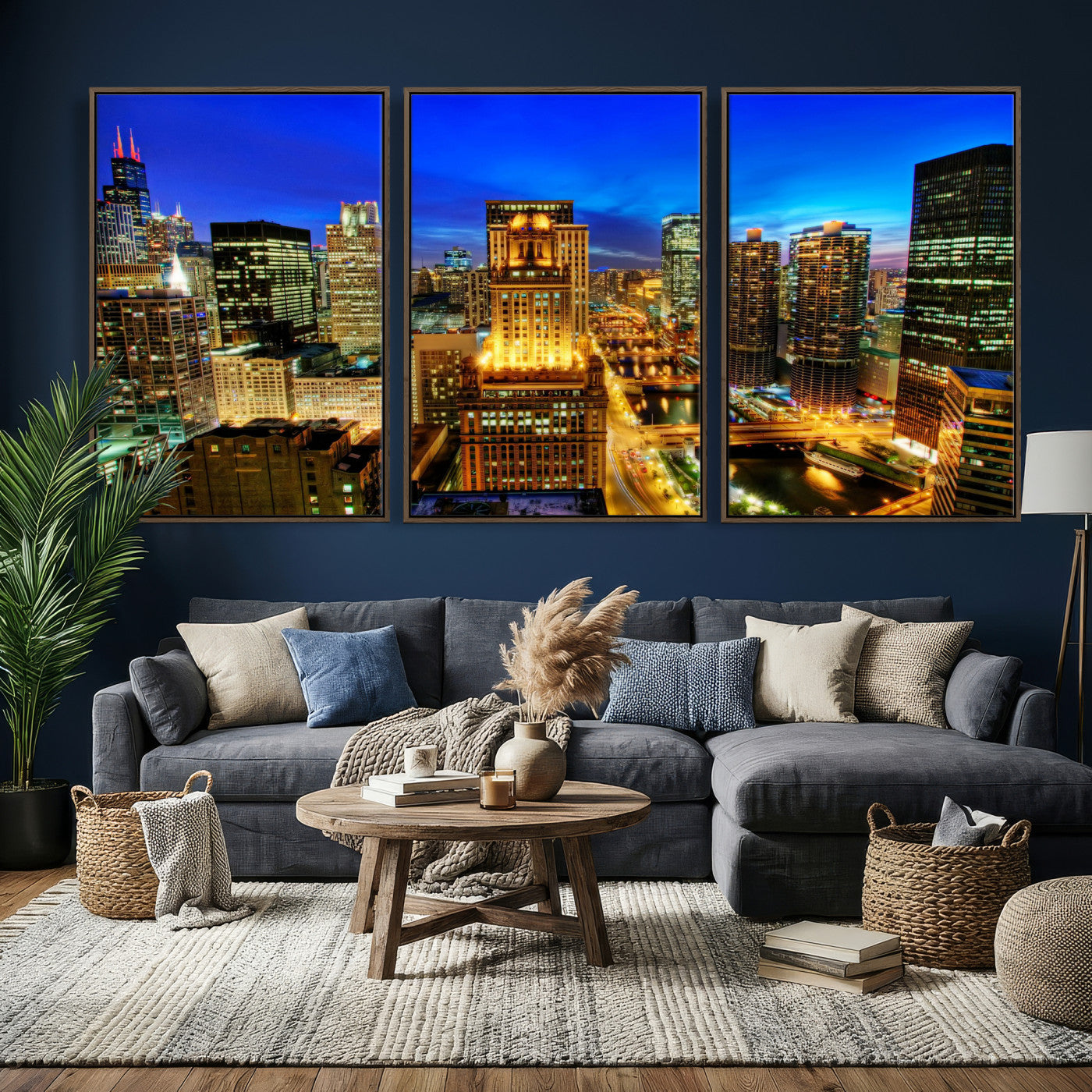 46298885-MGV-CV-36X24 - Chicago Wall Art Canvas Print, Chicago City Downtown Night Cityscape Print for Modern Urban Wall Decor