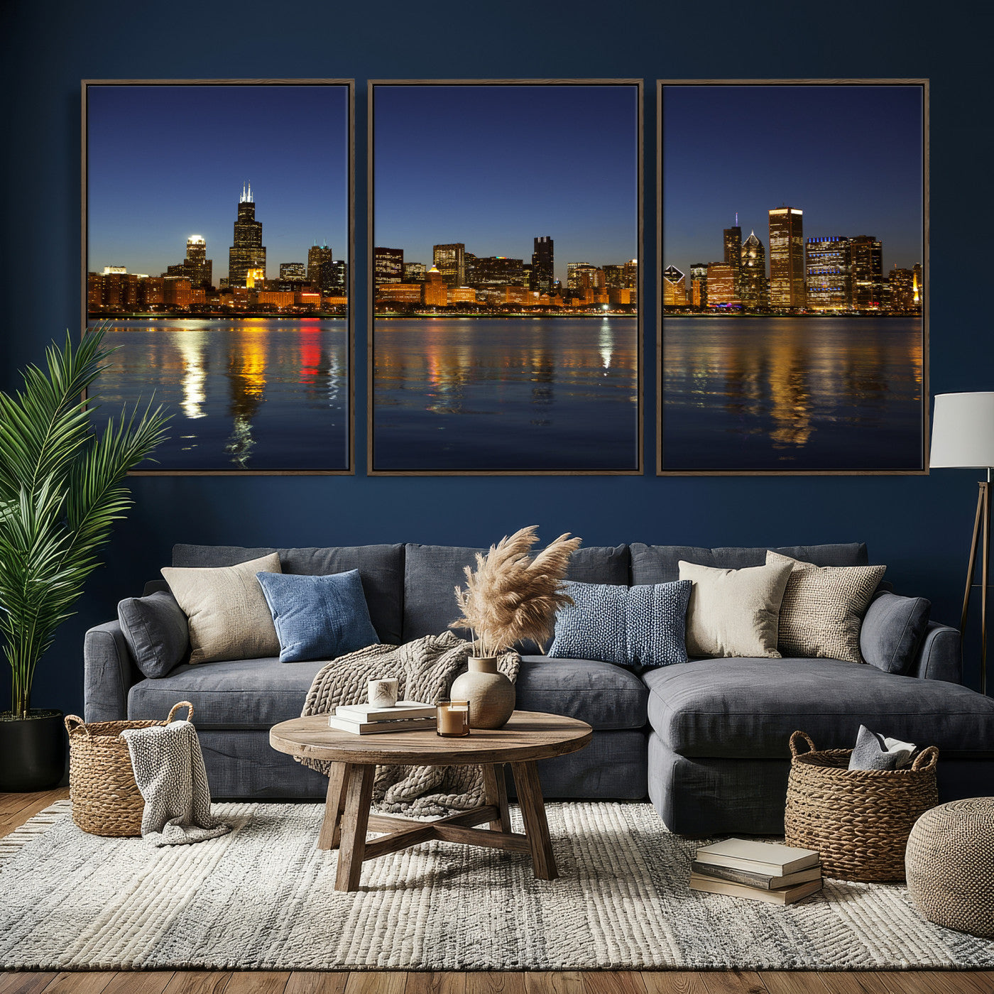 67308035-MGV-CV-36X24 - Chicago Wall Art Canvas Print, Chicago City Downtown Night Cityscape Print for Modern Urban Wall Decor