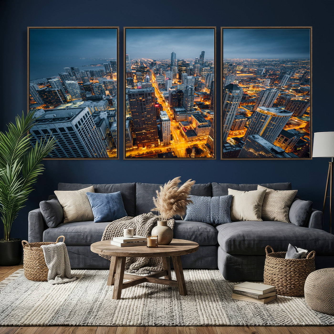 81742538-MGV-CV-36X24 - Chicago Wall Art Canvas Print, Chicago City Downtown Night Cityscape Print for Modern Urban Wall Decor