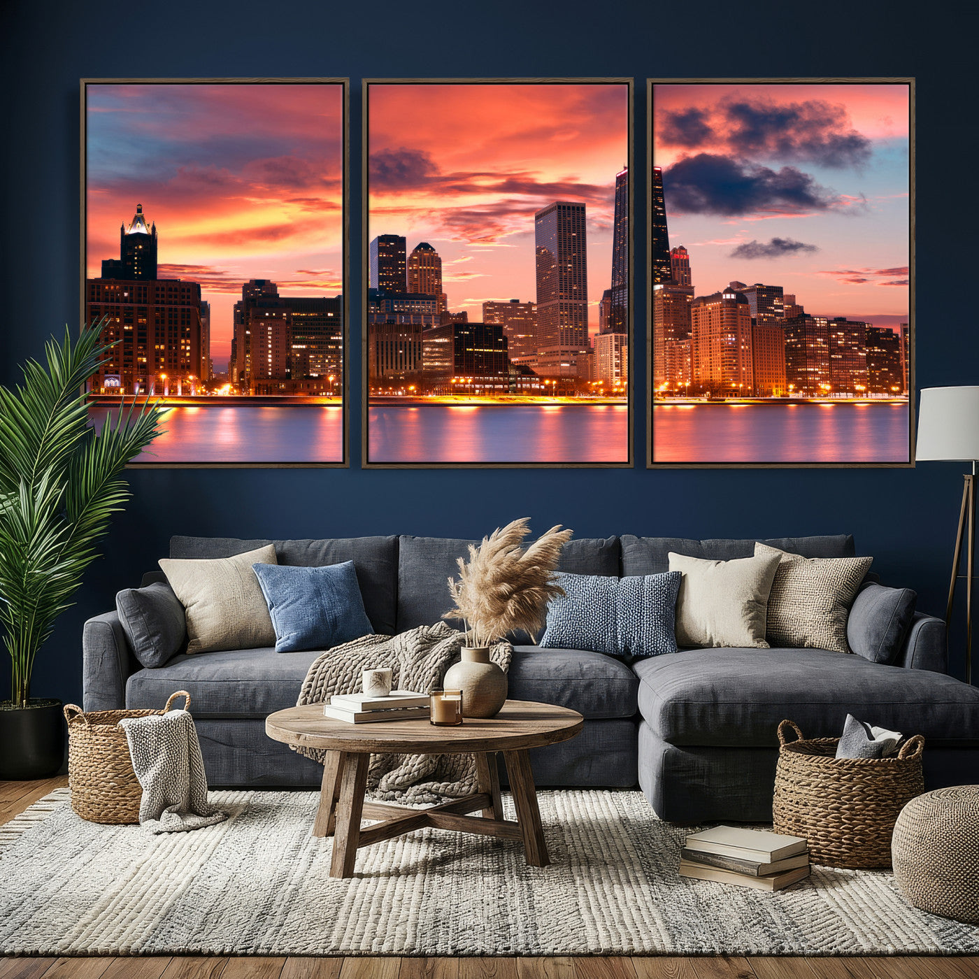 80390109-MGV-CV-36X24 - Chicago Wall Art Canvas Print, Chicago City Downtown Night Cityscape Print for Modern Urban Wall Decor