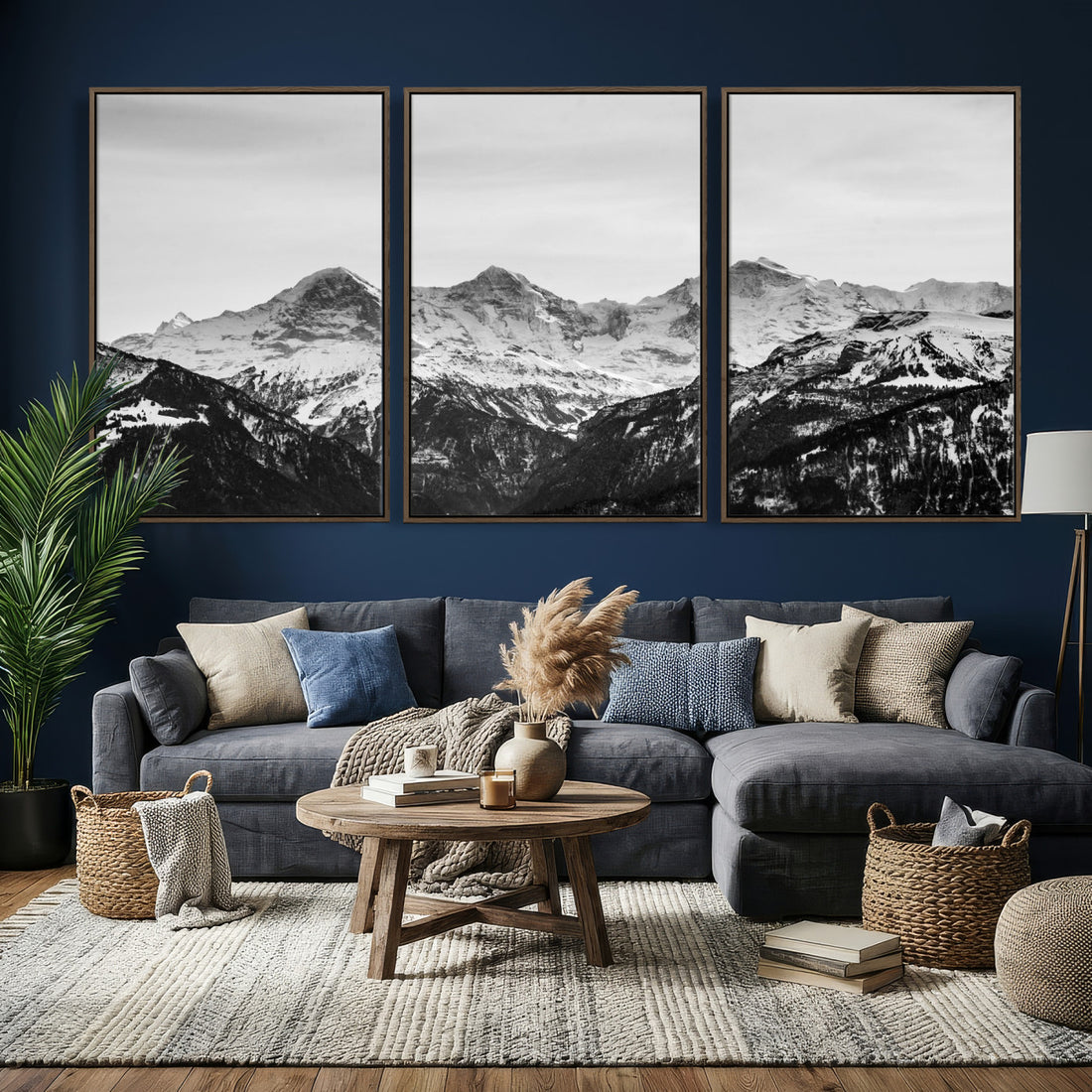 Black and White Mountain Wall Art Canvas Print, Snowy Alpine Peaks Minimal Landscape Photography