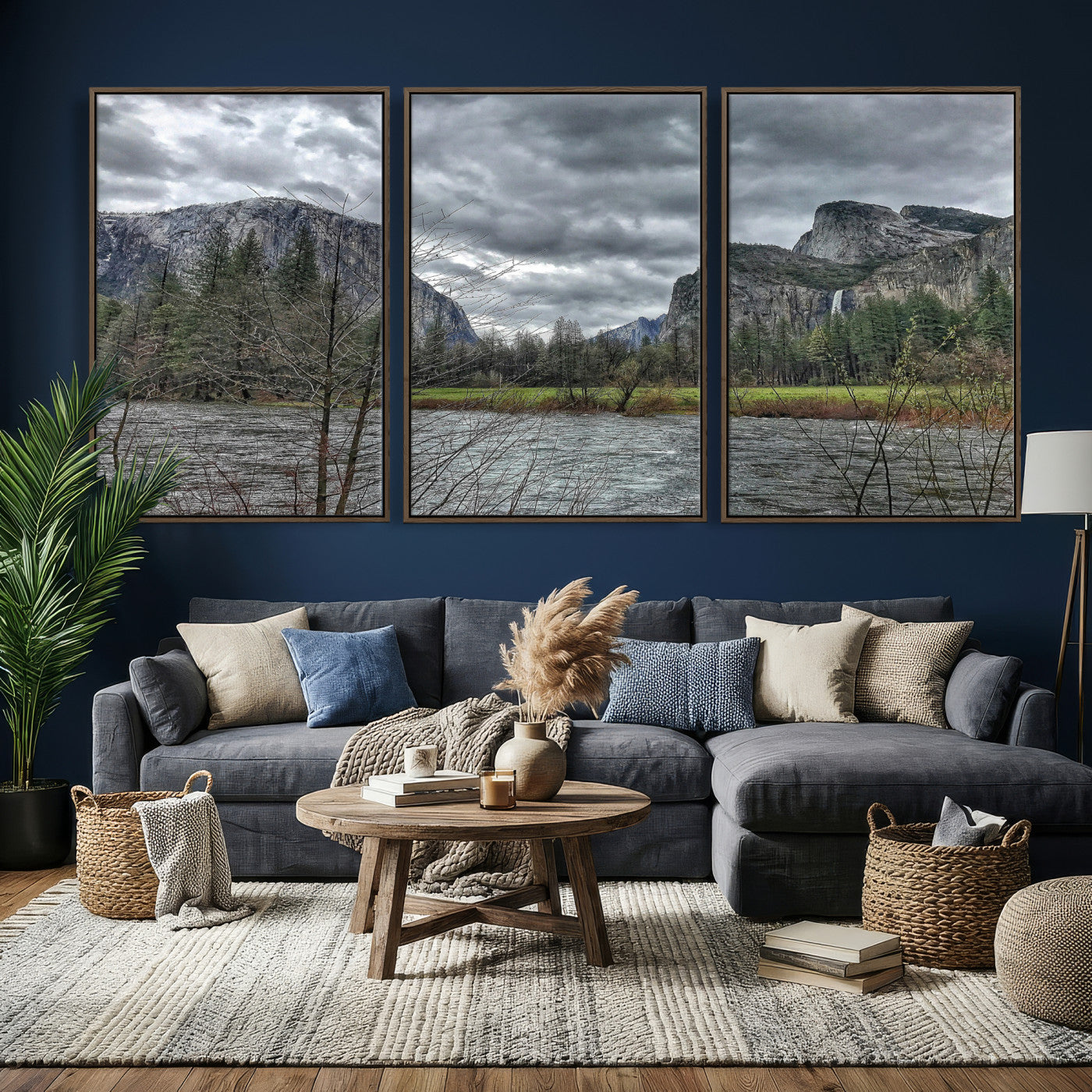 75582552-MGV-CV-36X24 - Yosemite Valley River Landscape Wall Art Canvas Print, Granite Cliffs Forest River Canvas Print, California National Park Moody Scenic Art Printi