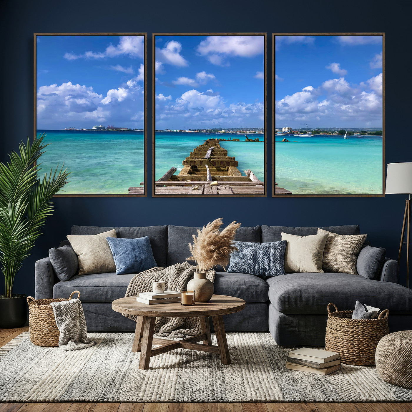 43165024-MGV-CV-36X24 - Caribbean Ocean Pier Seascape Wall Art Canvas Print, Turquoise Sea Tropical Harbor Canvas Print, Island Coastal Blue Water Scenic Art Printing