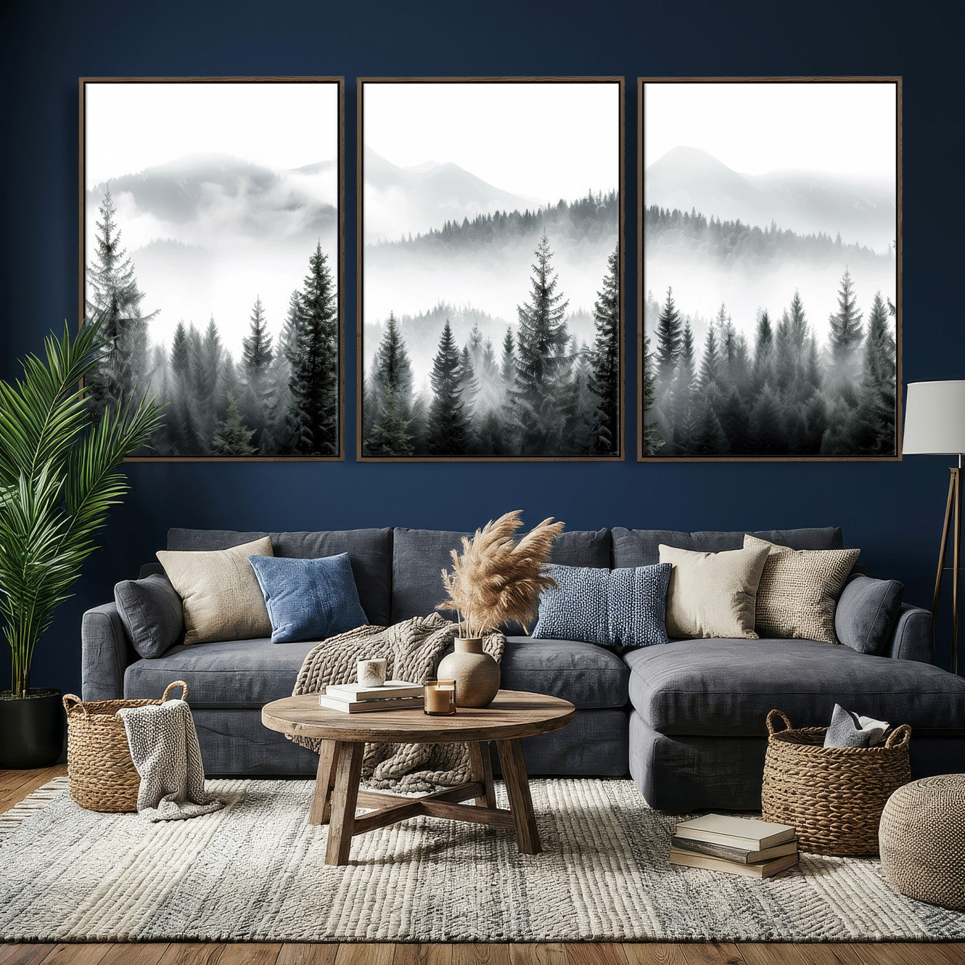 38819032-MGV-CV-36X24 - Misty Pine Forest Mountain Landscape Wall Art Canvas Print, Foggy Evergreen Trees Minimal Nature Canvas Print, Monochrome Wilderness Scenic Art Printing