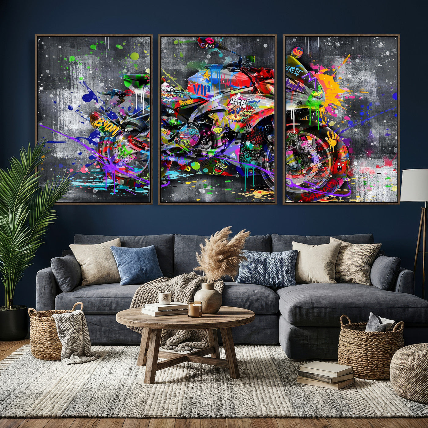 83021767-MGV-CV-36X24 - Graffiti Motorcycle Wall Art Canvas Print, Urban Street Art Motorbike Decor, Colorful Graffiti Sports Bike Artwork