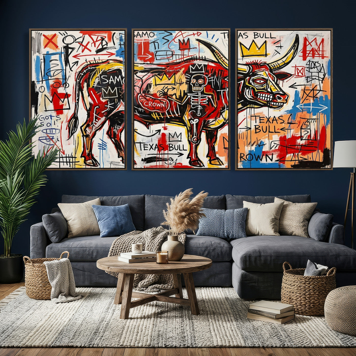 89504579-MGV-CV-36X24 - TITLE: Texas Bull Wall Art Canvas Print, Abstract Graffiti Bull Painting, Western Animal Art, Modern Ranch Decor