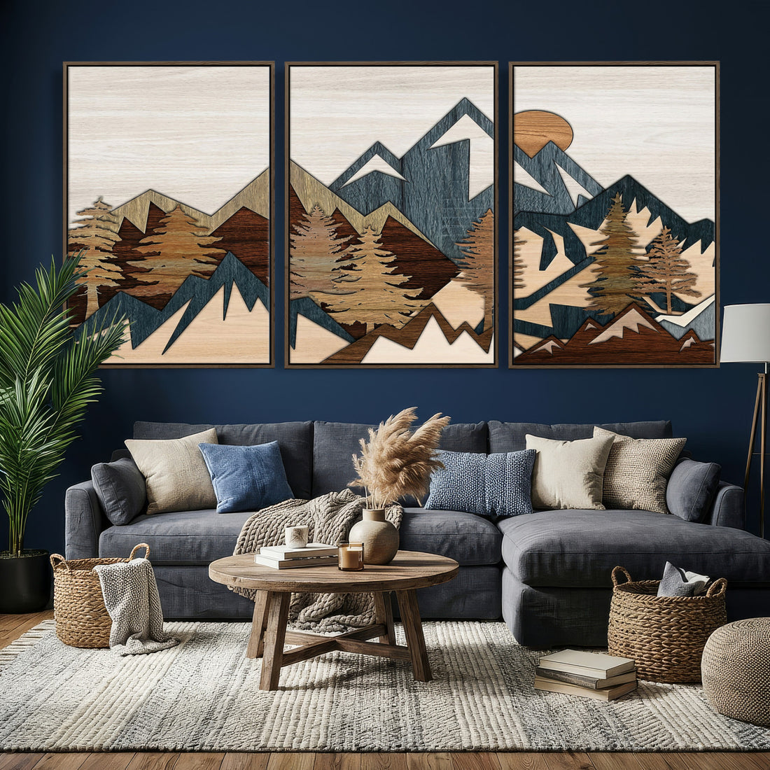 Wood Style Mountain Wall Art Canvas Print, Layered Wood Landscape Artwork