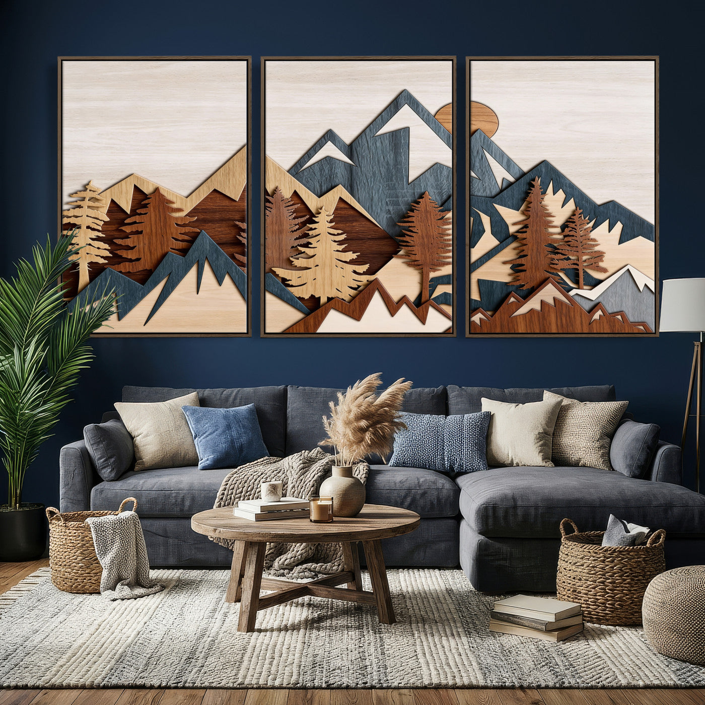 39888898-MGV-CV-36X24 - Layered Wooden Mountain Wall Art Canvas Print, Modern Rustic Forest and Pine Landscape Wall Decor
