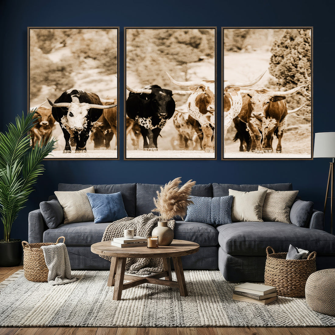 Western Longhorn Herd Wall Art Canvas Print, Sepia Ranch Scene