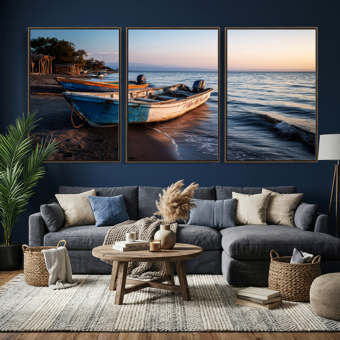 Coastal Fishing Boats Wall Art Canvas Print, Sunset Beach