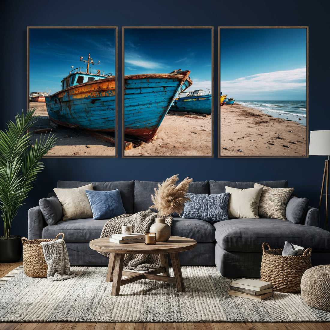 Coastal Fishing Boats Wall Art Canvas Print, Sunset Beach