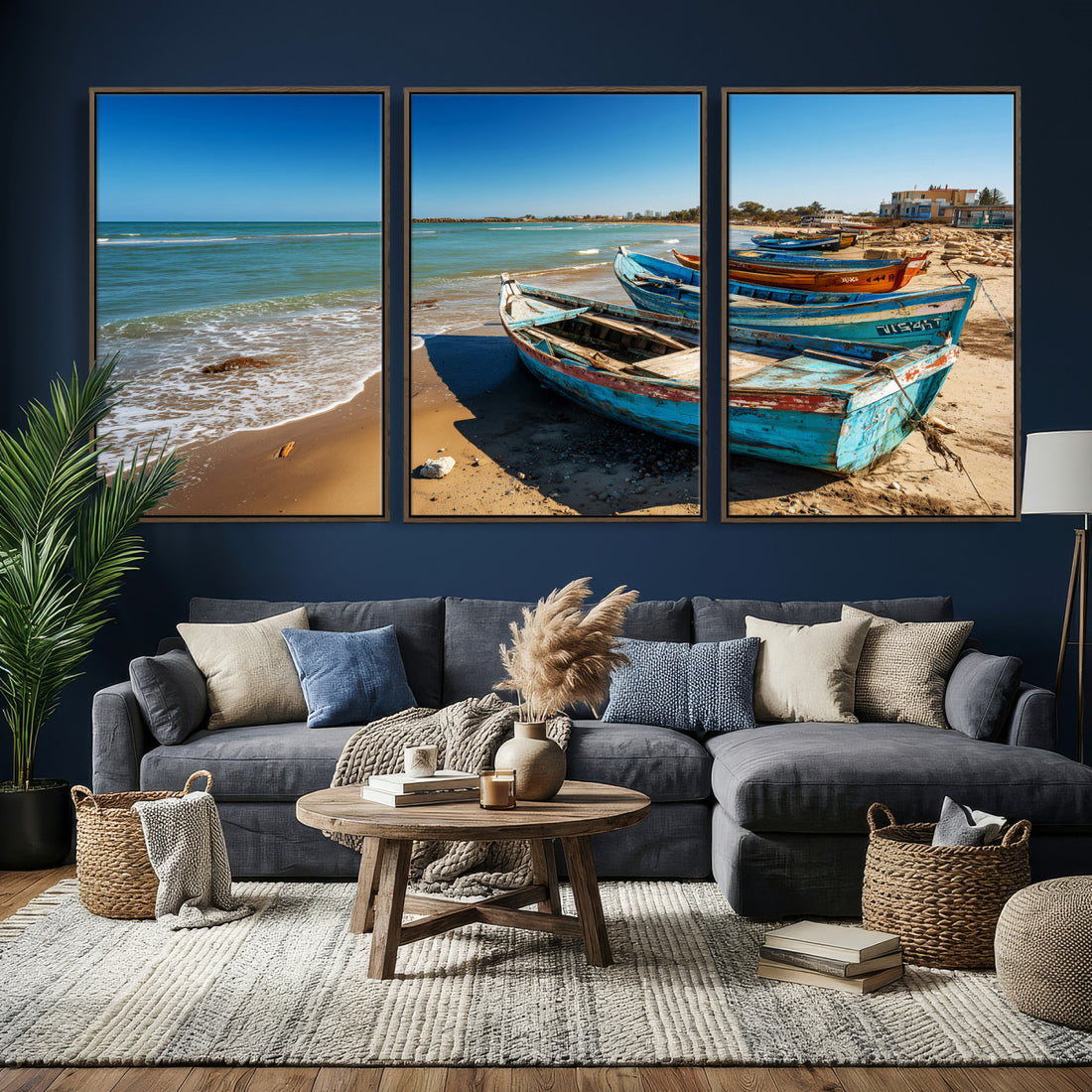 Coastal Fishing Boats Wall Art Canvas Print, Sunset Beach