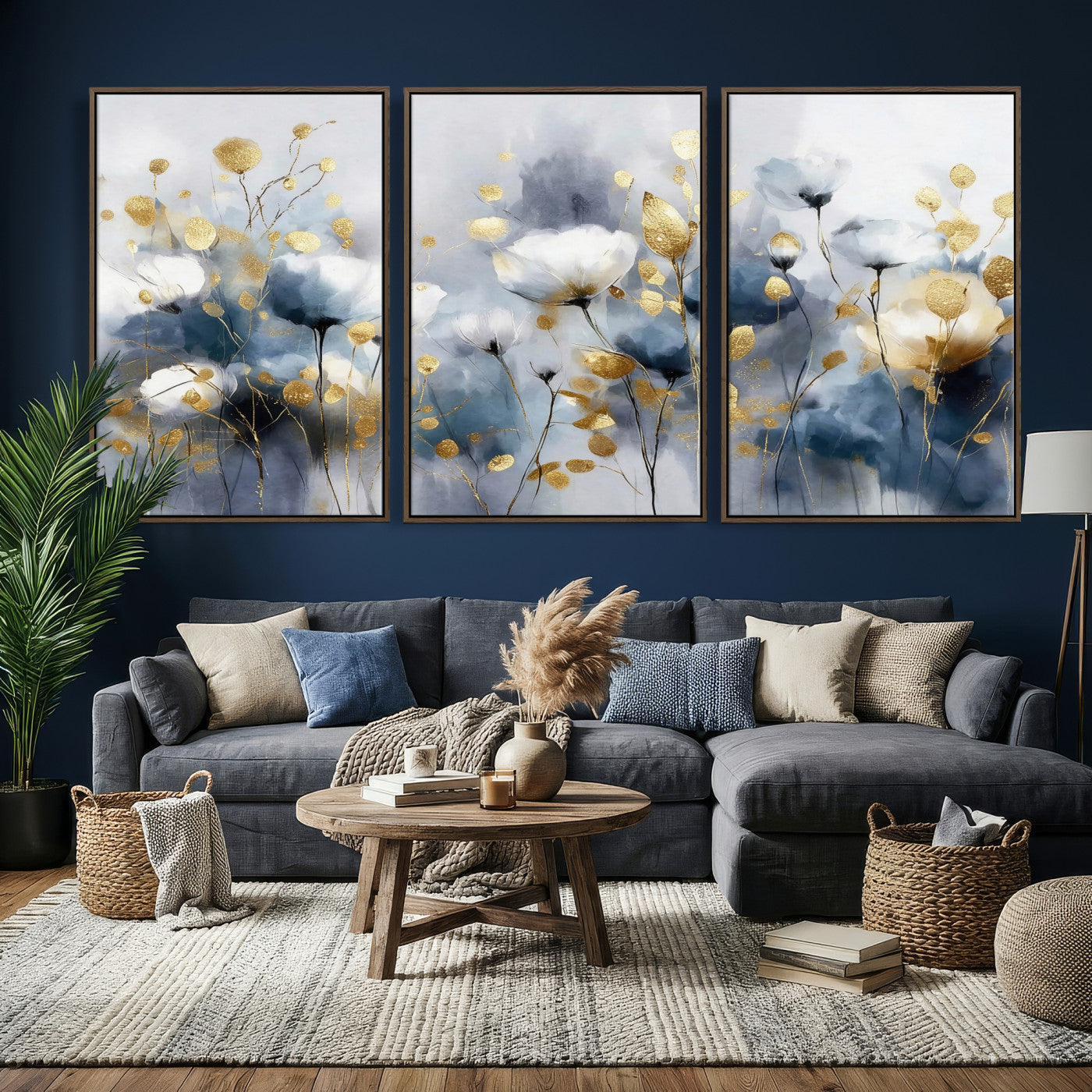 84358857-MGV-CV-36X24 - Large Abstract Flowers Wall Art Canvas Print – Gold and Blue Botanical Artwork for Living Room, Bedroom, and Office Decor