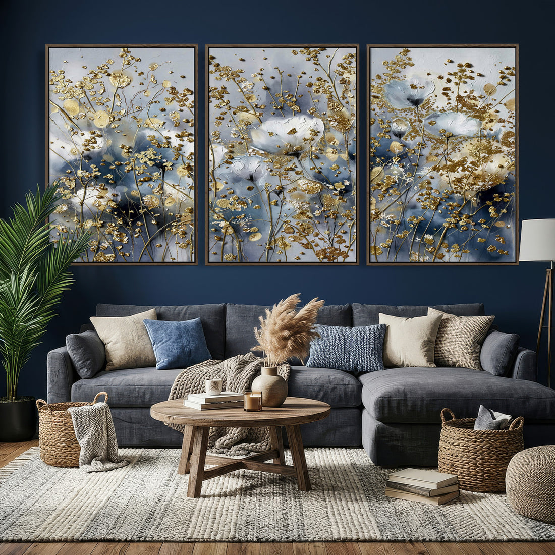 Abstract Floral Wall Art Canvas Print | Gold and Blue Botanical Artwork