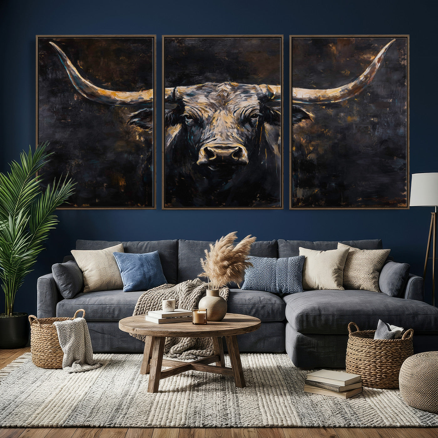 17622011-MGV-CV-36X24 - Abstract Longhorn Bull Wall Art Canvas Print – Dark Rustic Western Cattle Artwork for Farmhouse, Ranch, Cabin, and Office Decor