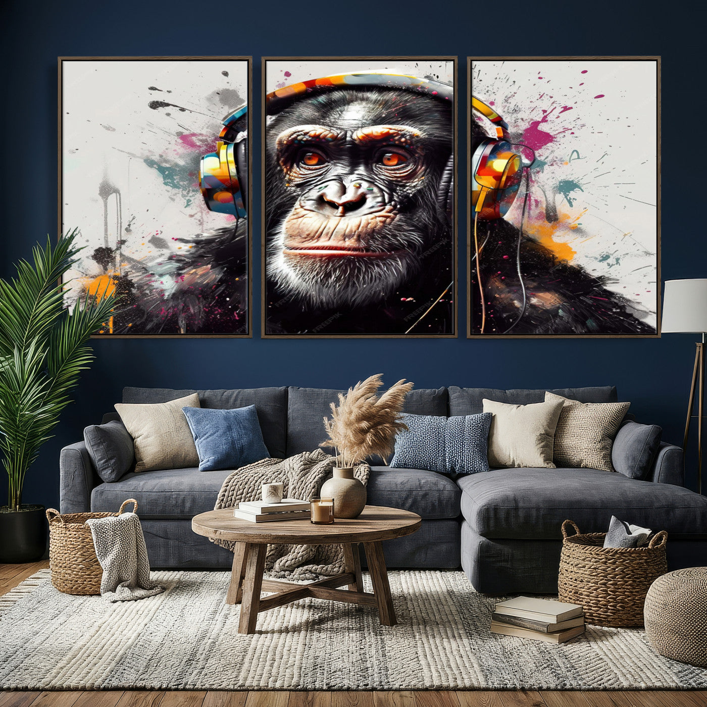 31244985-MGV-CV-36X24 - Dj Monkey Wall Art Canvas Print – Colorful Pop Art Banksy Graffiti Chimpanzee Print