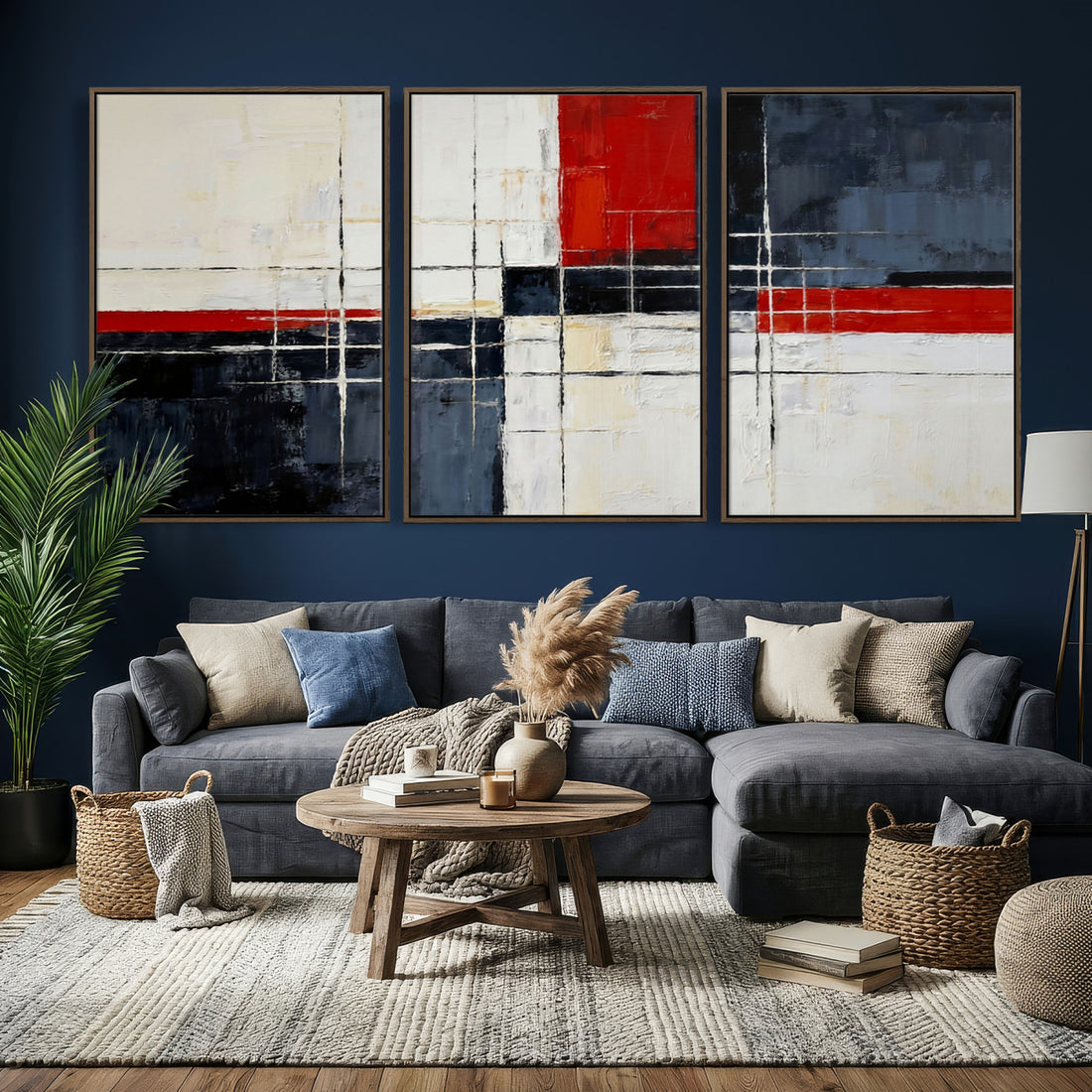 Navy Red Abstract Wall Art Canvas Print, Modern Luxury Geometric Art for Living Room and Office