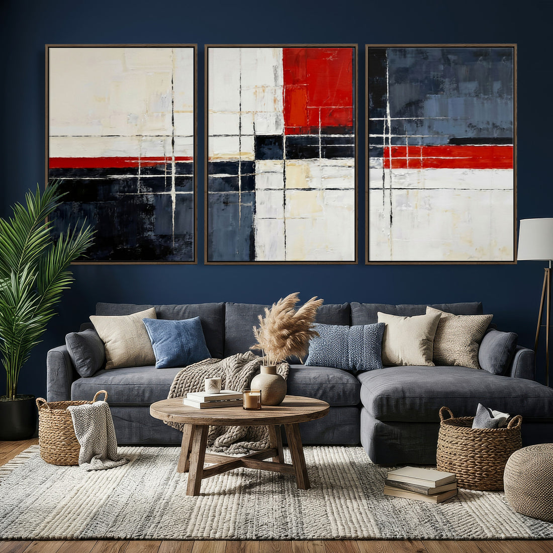 Navy Red Abstract Wall Art Canvas Print, Modern Luxury Geometric Art for Living Room and Office