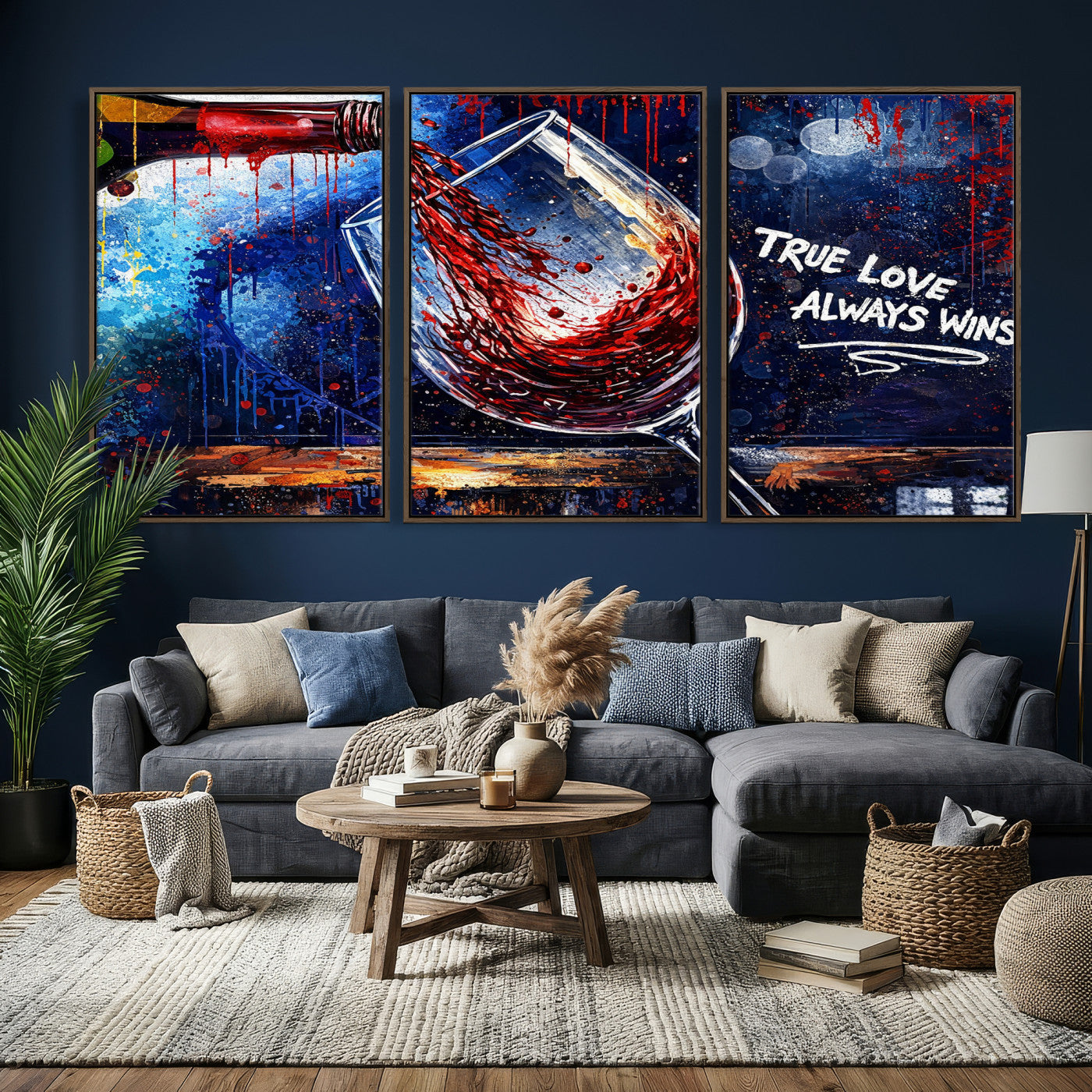 88788932-MGV-CV-36X24 - Red Wine Splash Abstract Wall Art Canvas Print, Modern Wine Glass Painting Canvas Print, Romantic Quote Contemporary Bar Art Print