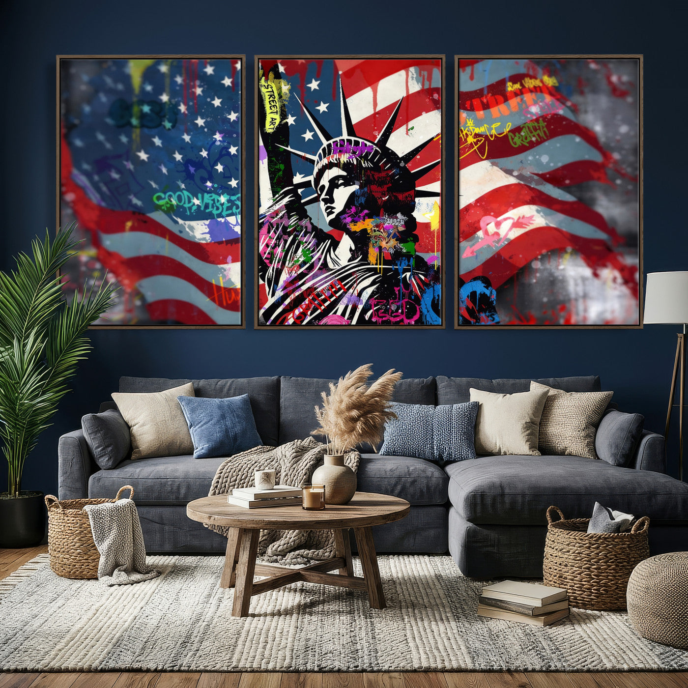 32151941-MGV-CV-36X24 - USA Statue of Liberty Graffiti Street Art Wall Art Canvas Print, American Flag Urban Pop Art Canvas Print, Modern Patriotic Street Art Contemporary Art Printing