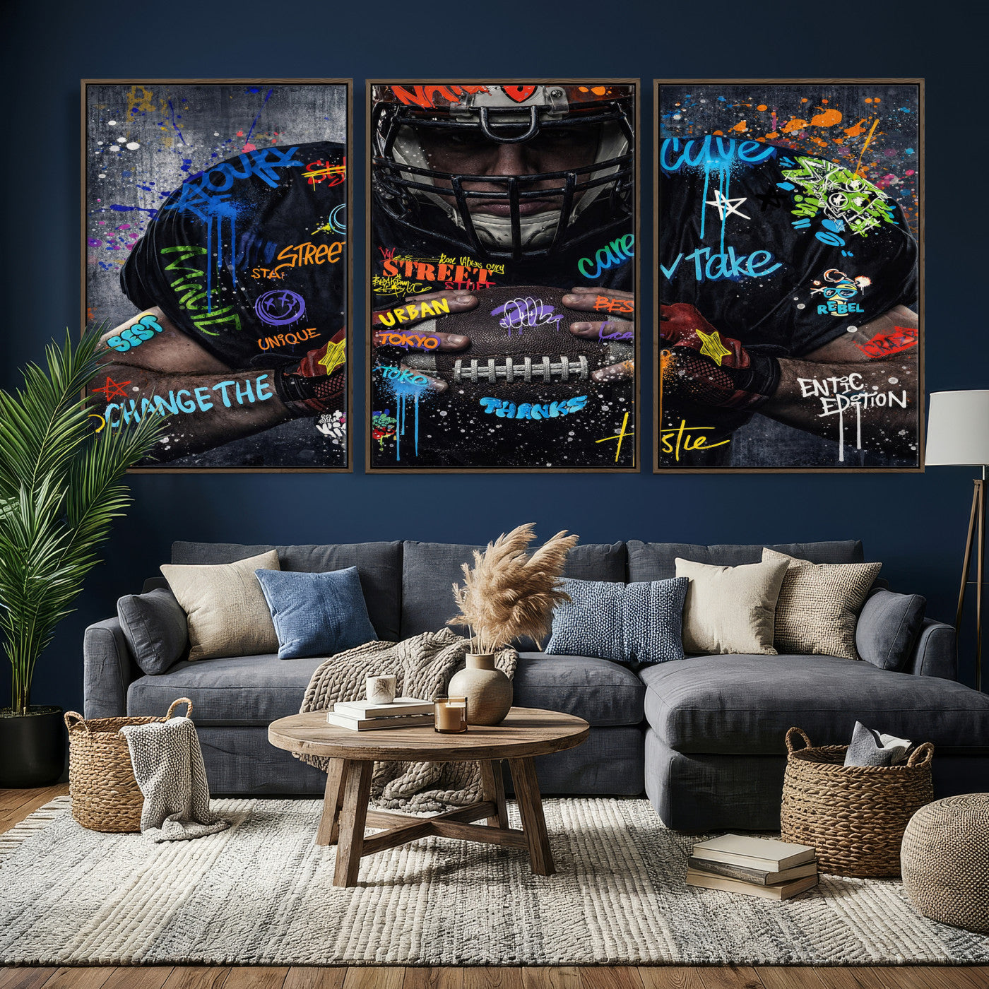 55267256-MGV-CV-36X24 - Graffiti American Football Player Street Art Wall Art Canvas Print, Urban Sports Pop Art Football Canvas Print, Modern Athletic Graffiti Contemporary Art Printing