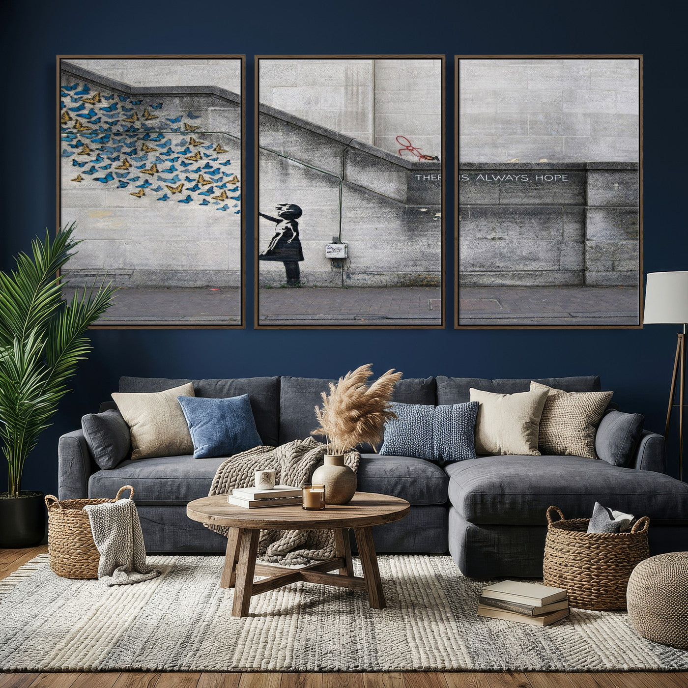 15274223-MGV-CV-36X24 - Banksy Girl with Butterflies Street Art Wall Art Canvas Print, Hope Graffiti Urban Art Canvas Print, Minimalist Inspirational Street Art Contemporary Art Printing