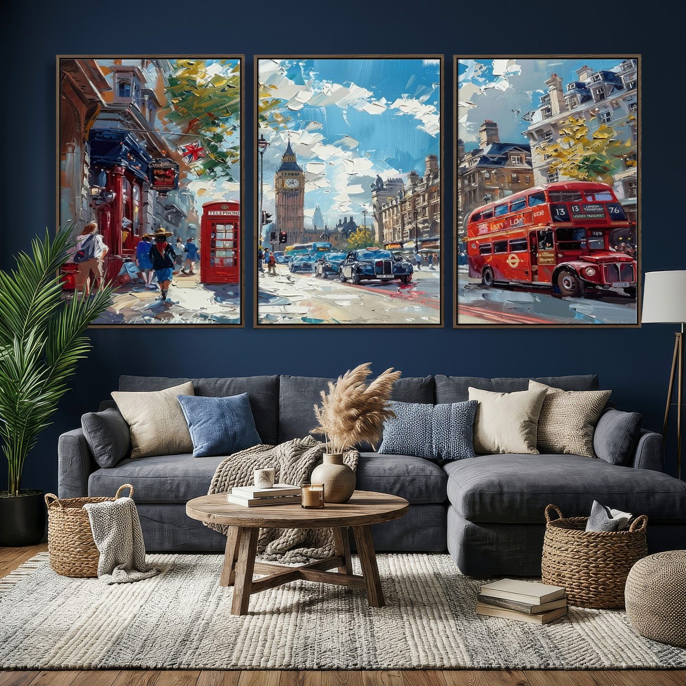17630888-MGV-CV-36X24 - Modern London City Street Wall Art Canvas Print, Big Ben & Red Bus Artwork Canvas Print